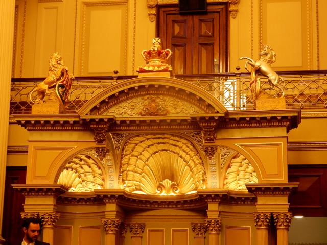 Ornate gilded carving in a historic hall