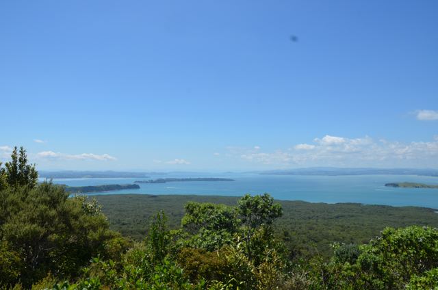 A bay dotted with islands seen through trees