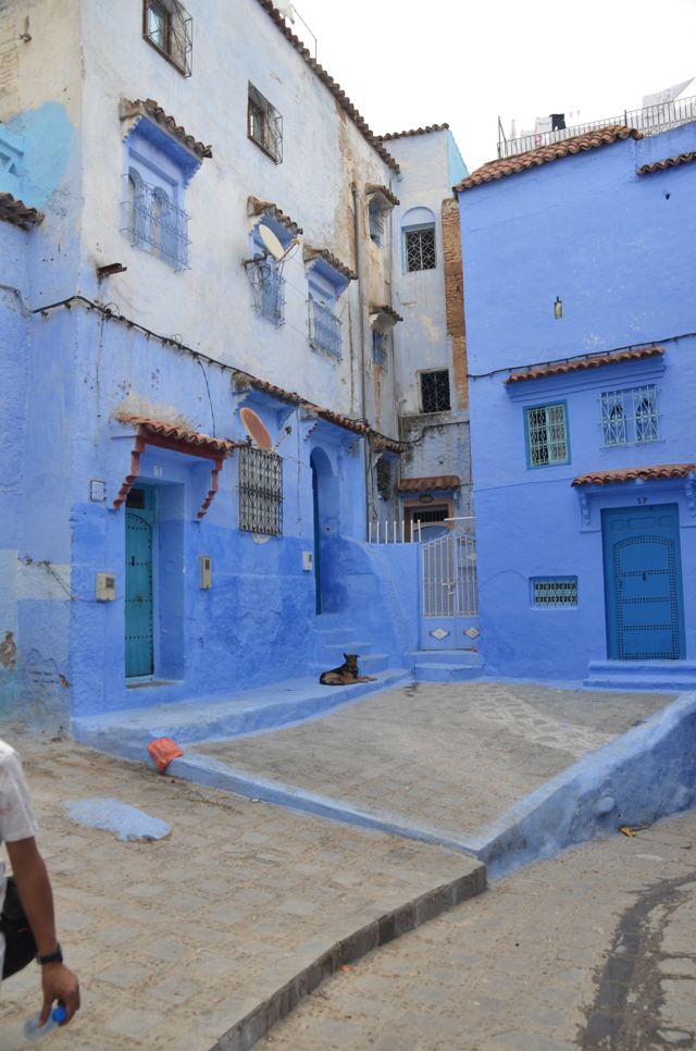 Corner of a blue-painted square with steps and doorways