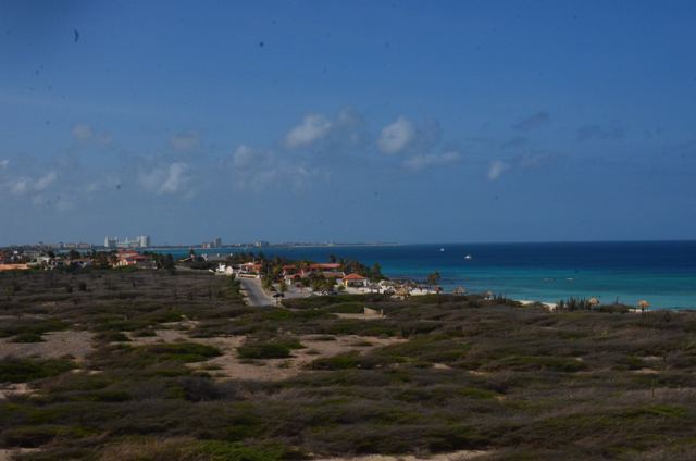 Dry scrubland above the coast under a wide blue sky