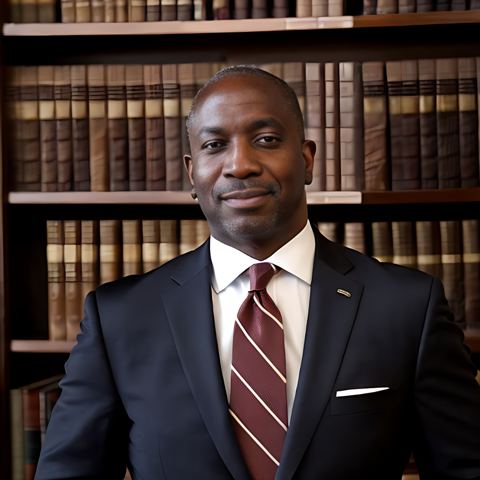 Man in a dark suit and burgundy tie before shelves of leather-bound books